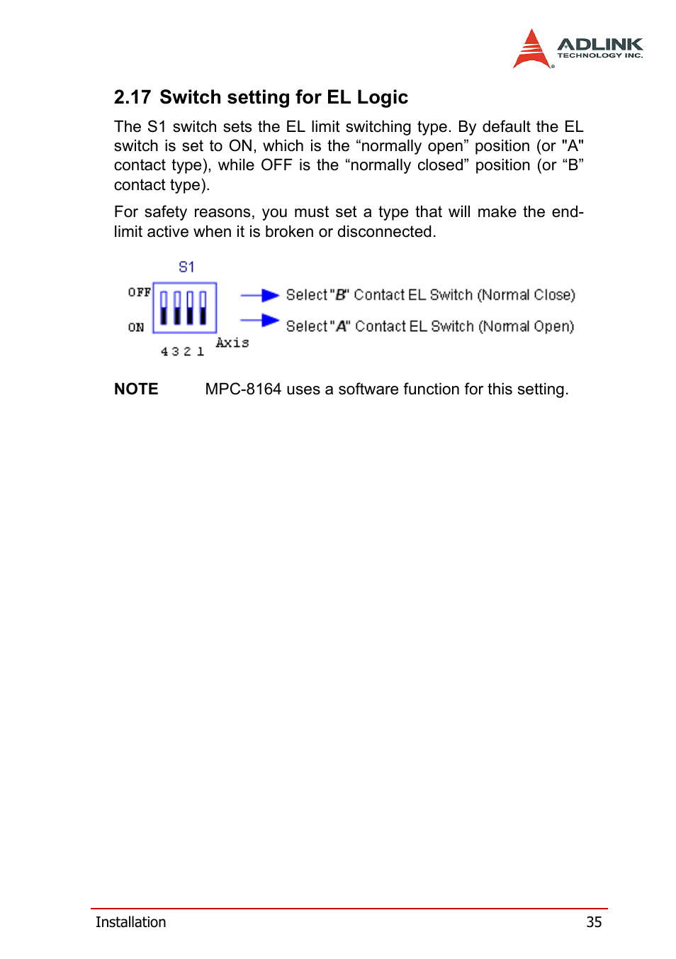17 switch setting for el logic | ADLINK PCI-8164 User Manual | Page 47 / 310