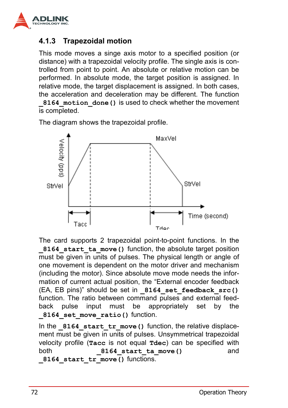 3 trapezoidal motion, Trapezoidal motion | ADLINK PCI-8164 User Manual | Page 84 / 310