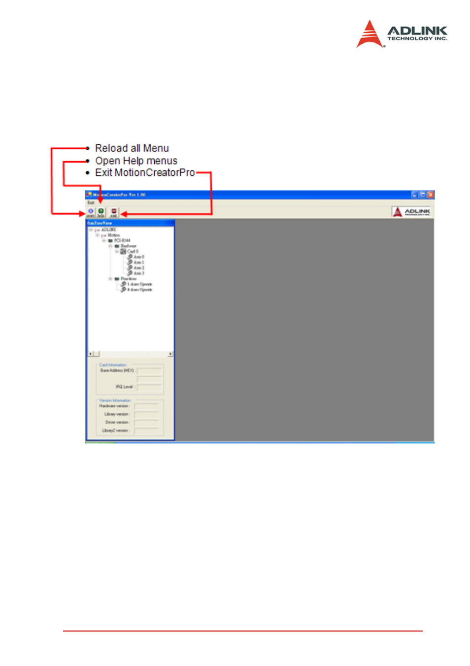 3 motioncreatorpro form introducing, 1 main menu, Motioncreatorpro form introducing | Main menu | ADLINK PCI-8144 User Manual | Page 63 / 166