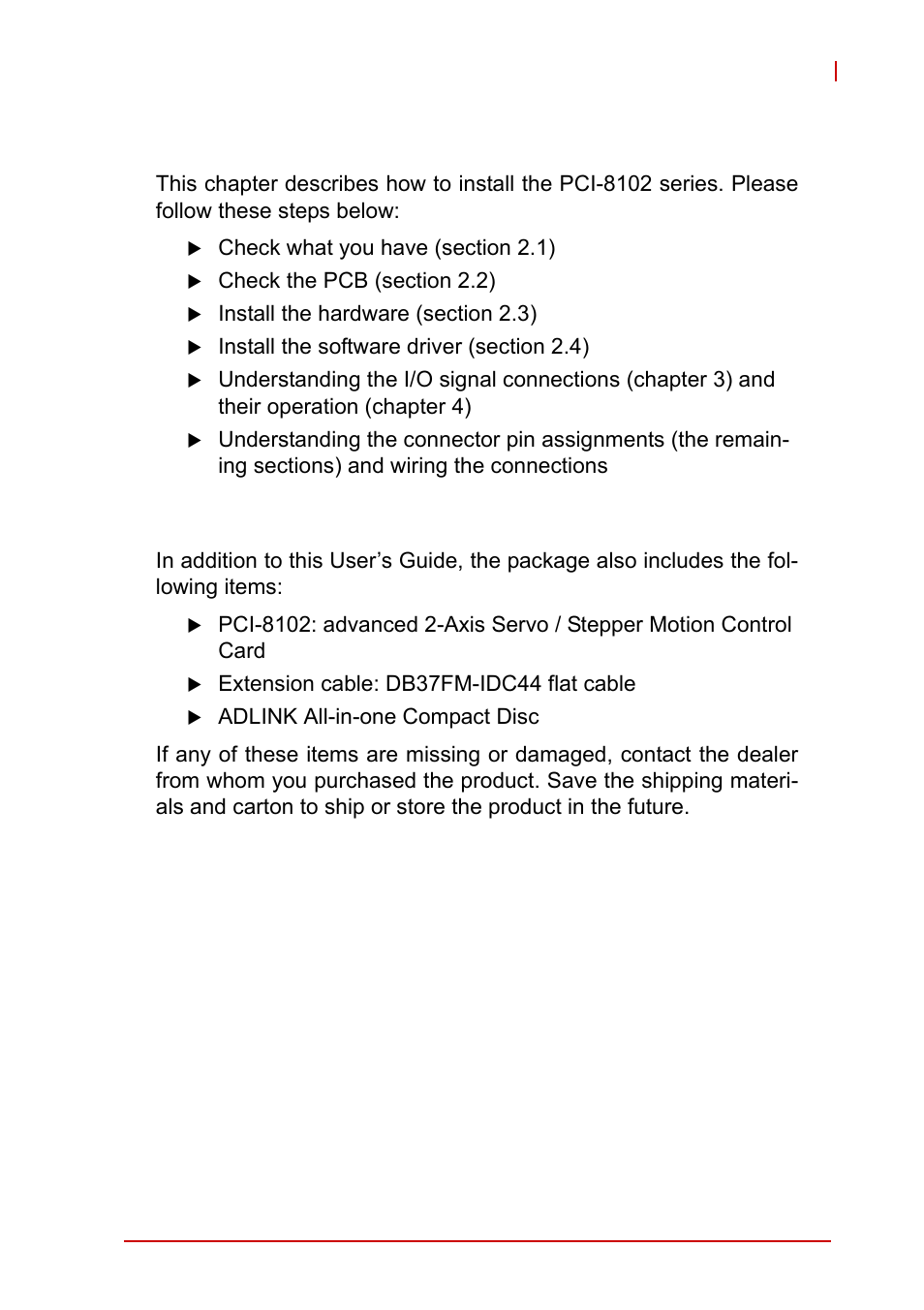 2 installation, 1 package contents, Package contents | 2installation | ADLINK PCI-8102 User Manual | Page 20 / 211