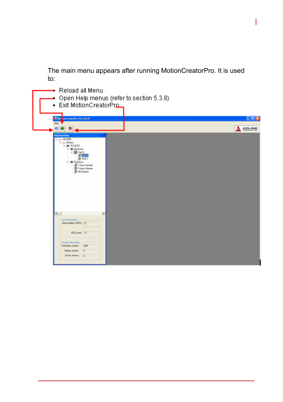 3 motioncreatorpro form introduction, 1 main menu, Motioncreatorpro form introduction | Main menu | ADLINK PCI-8102 User Manual | Page 98 / 211
