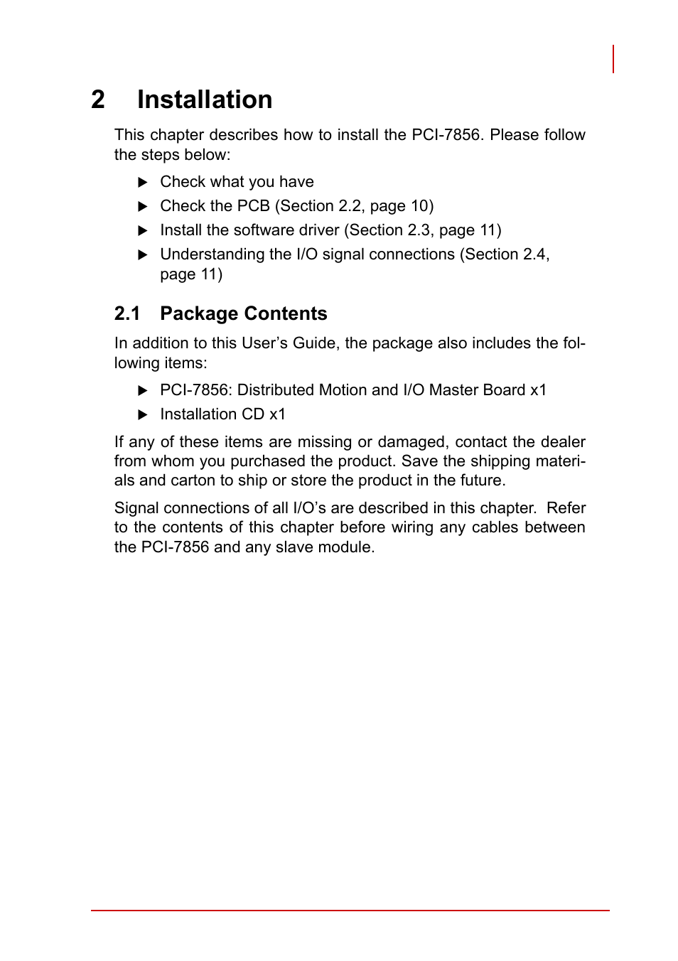 2 installation, 1 package contents, Package contents | 2installation | ADLINK PCI-7856 User Manual | Page 17 / 86