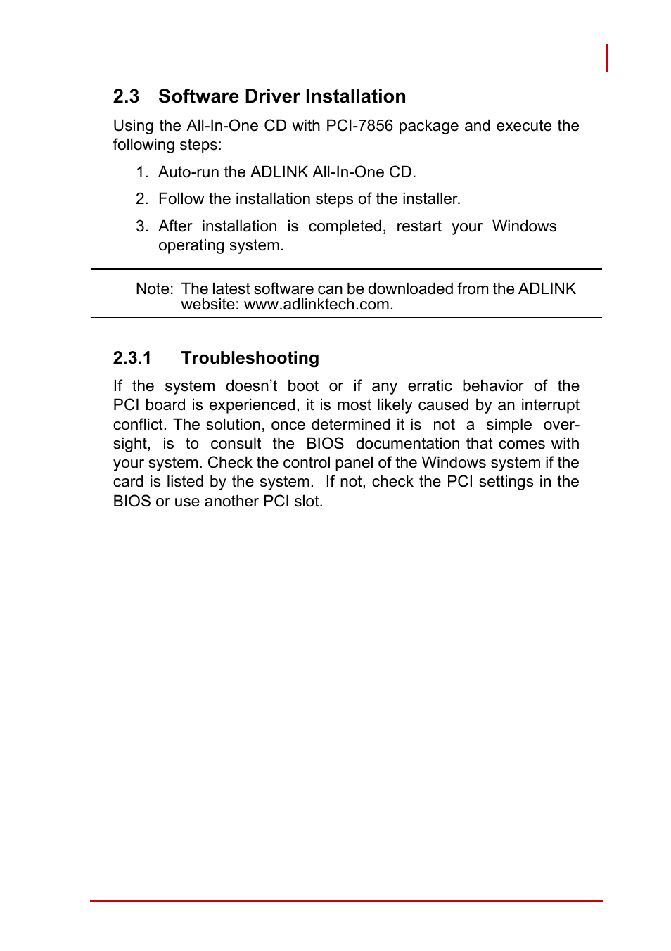3 software driver installation, 1 troubleshooting, Software driver installation | ADLINK PCI-7856 User Manual | Page 19 / 86