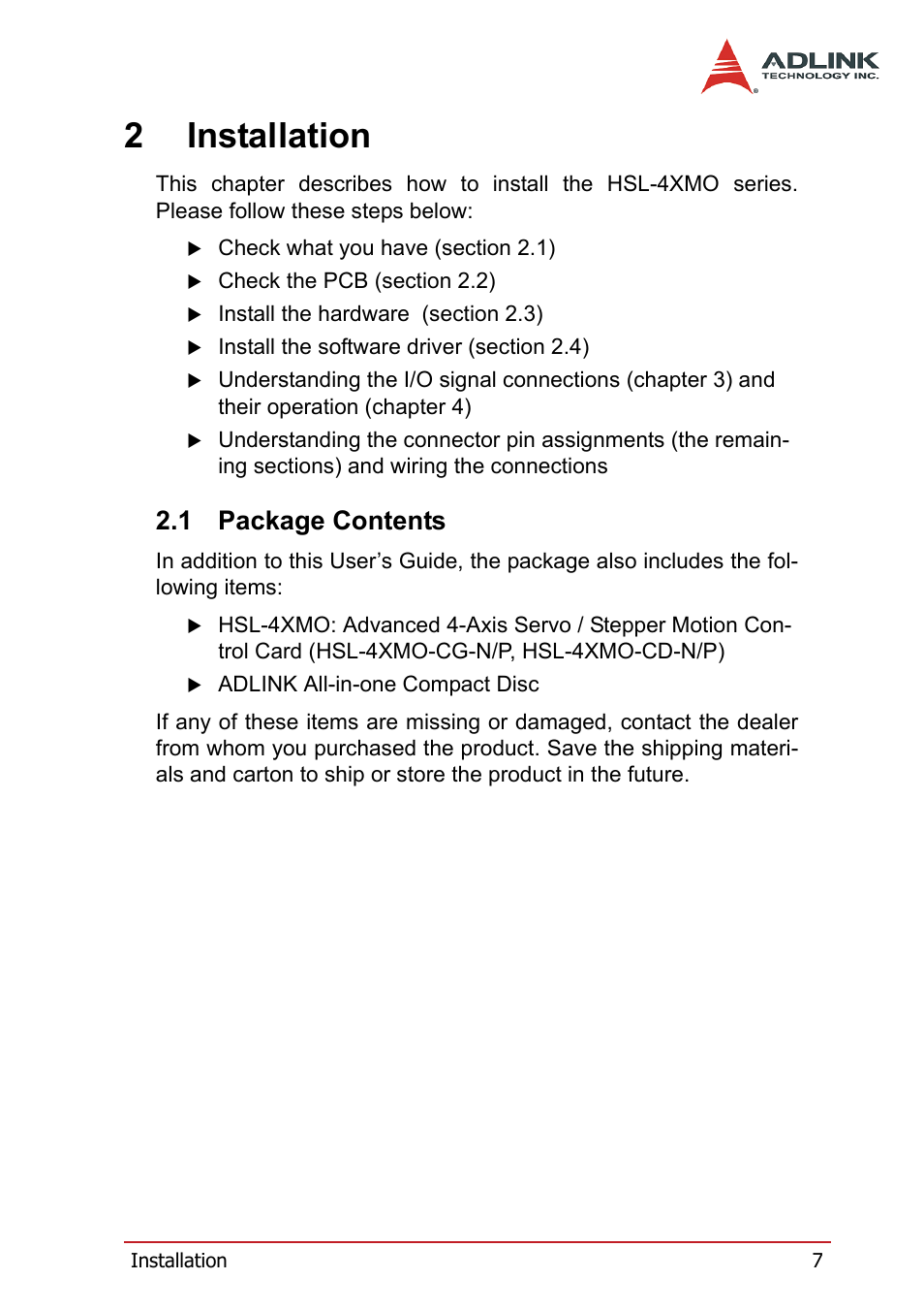 2 installation, 1 package contents, Package contents | 2installation | ADLINK HSL-4XMO User Manual | Page 17 / 116