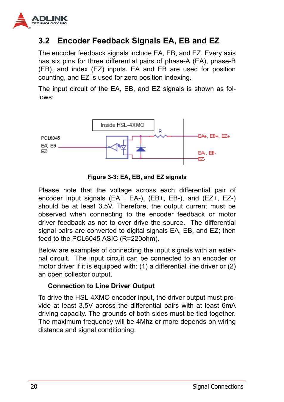 2 encoder feedback signals ea, eb and ez, Encoder feedback signals ea, eb and ez, Figure 3-3: ea, eb, and ez signals | ADLINK HSL-4XMO User Manual | Page 30 / 116