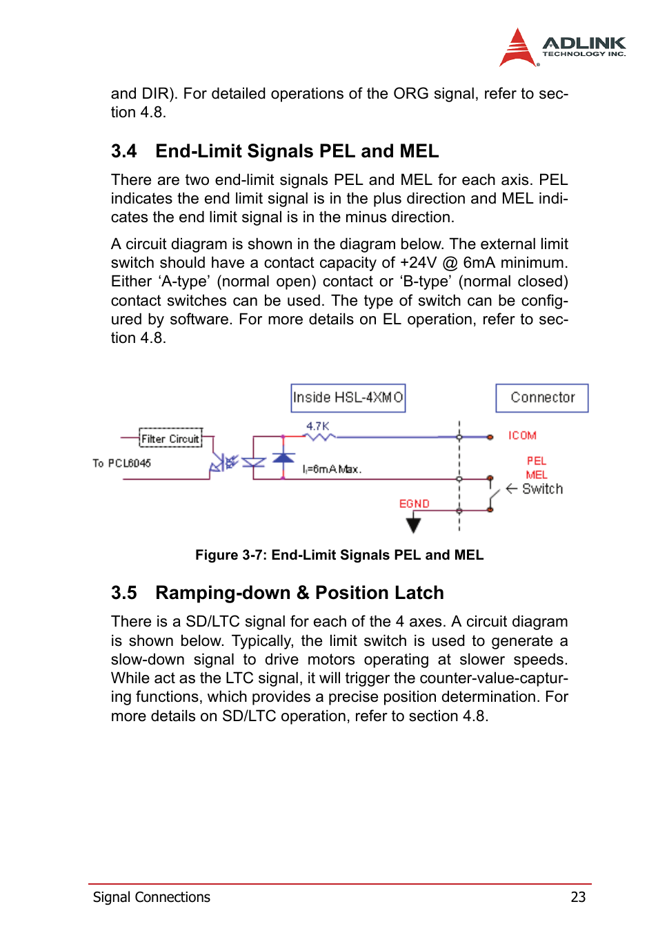4 end-limit signals pel and mel, 5 ramping-down & position latch, End-limit signals pel and mel | Ramping-down & position latch, Figure 3-7: end-limit signals pel and mel | ADLINK HSL-4XMO User Manual | Page 33 / 116