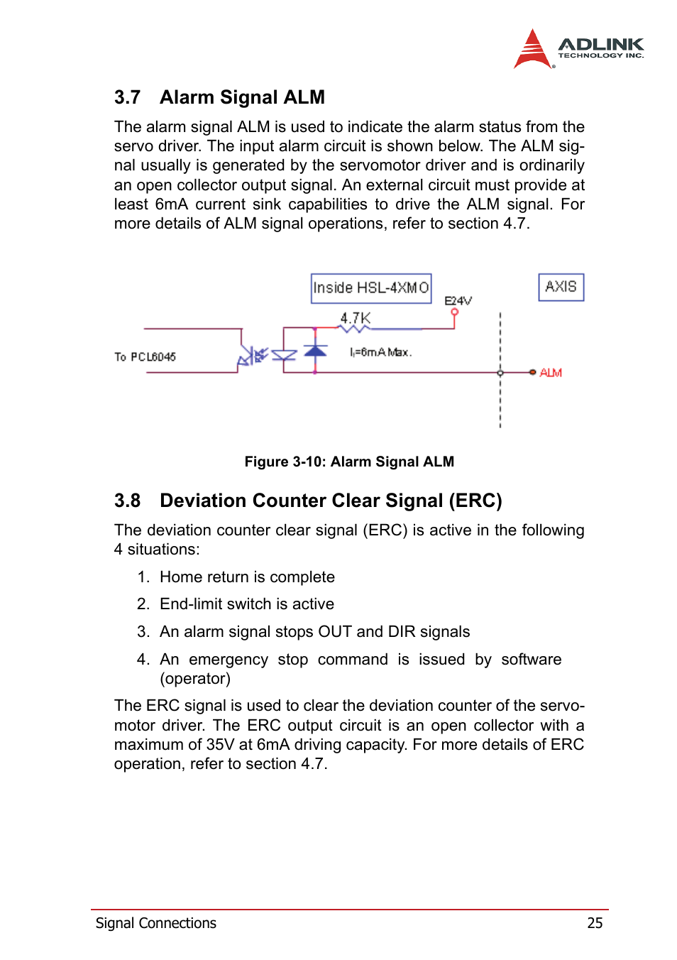 7 alarm signal alm, 8 deviation counter clear signal (erc), Alarm signal alm | Deviation counter clear signal (erc), Figure 3-10: alarm signal alm | ADLINK HSL-4XMO User Manual | Page 35 / 116