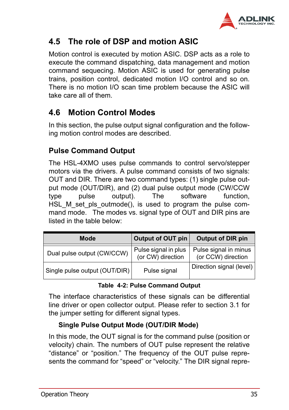 5 the role of dsp and motion asic, 6 motion control modes, Pulse command output | The role of dsp and motion asic, Motion control modes, Table 4-2: pulse command output | ADLINK HSL-4XMO User Manual | Page 45 / 116