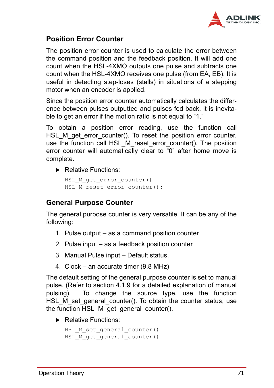 Position error counter, General purpose counter, Position error counter general purpose counter | ADLINK HSL-4XMO User Manual | Page 81 / 116