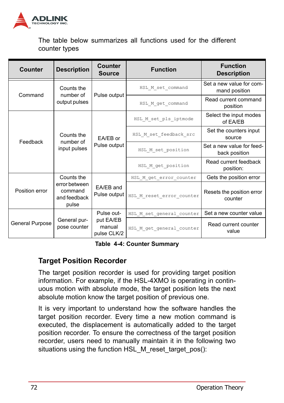 Target position recorder, Table 4-4: counter summary | ADLINK HSL-4XMO User Manual | Page 82 / 116