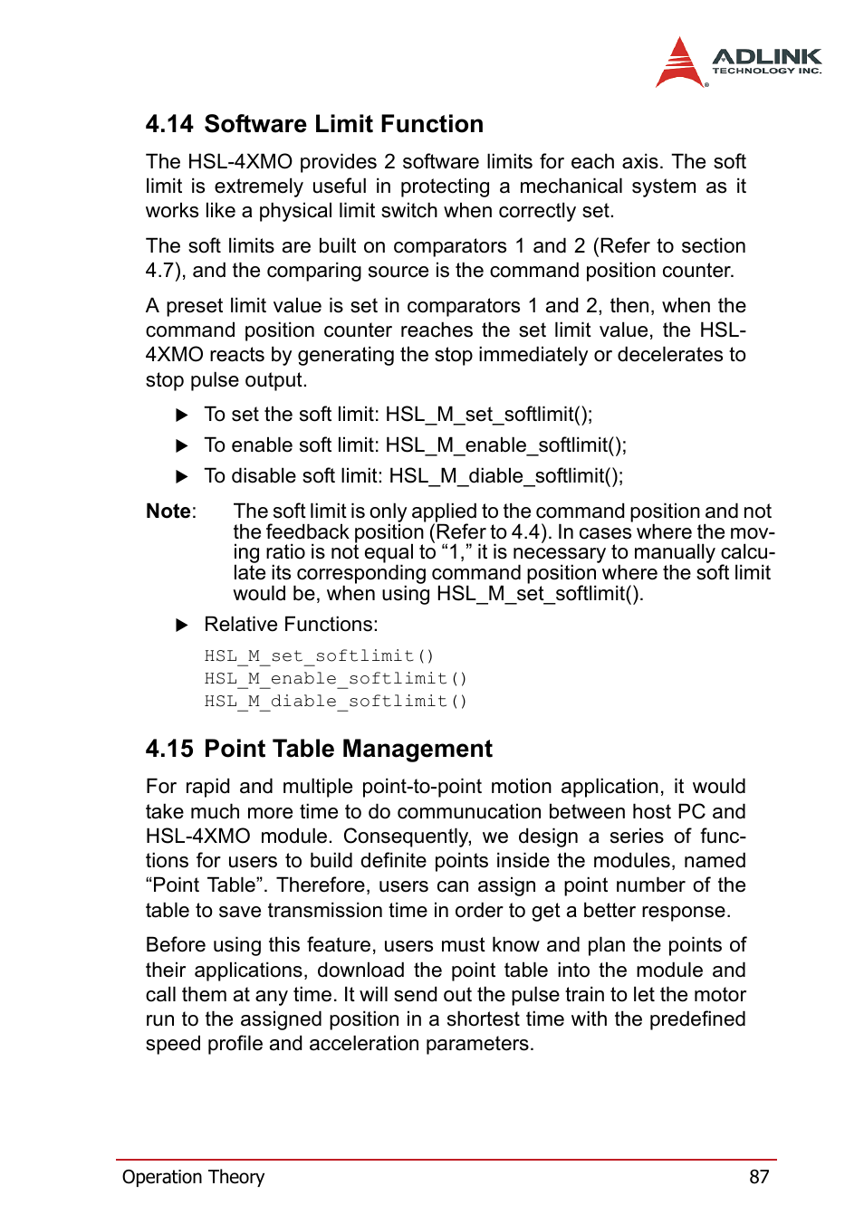 14 software limit function, 15 point table management | ADLINK HSL-4XMO User Manual | Page 97 / 116
