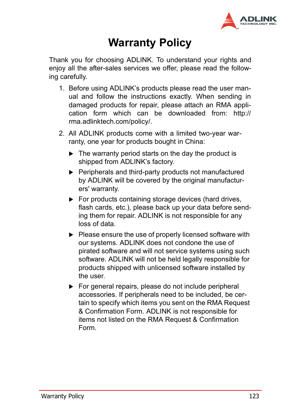 Warranty policy | ADLINK HSL-DI32-M-N/HSL-DI32-M-P User Manual | Page 136 / 137