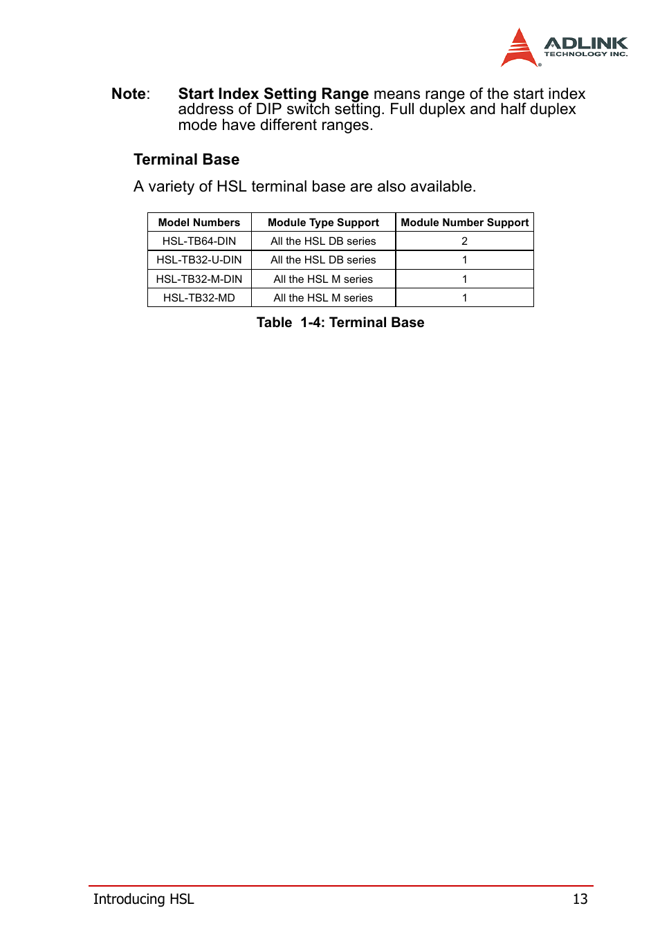 Table 1-4: terminal base | ADLINK HSL-DI32-M-N/HSL-DI32-M-P User Manual | Page 26 / 137
