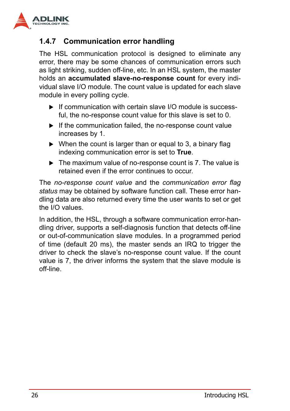 7 communication error handling, Communication error handling | ADLINK HSL-DI32-M-N/HSL-DI32-M-P User Manual | Page 39 / 137