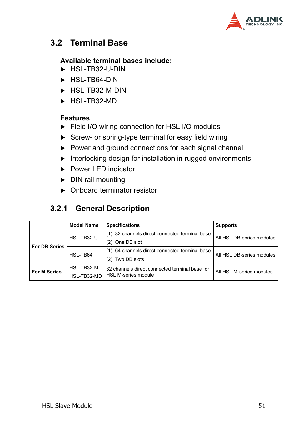 2 terminal base, 1 general description, Terminal base | General description, Available terminal bases include, Hsl-tb32-u-din, Hsl-tb64-din, Hsl-tb32-m-din, Hsl-tb32-md features, Field i/o wiring connection for hsl i/o modules | ADLINK HSL-DI32-M-N/HSL-DI32-M-P User Manual | Page 64 / 137