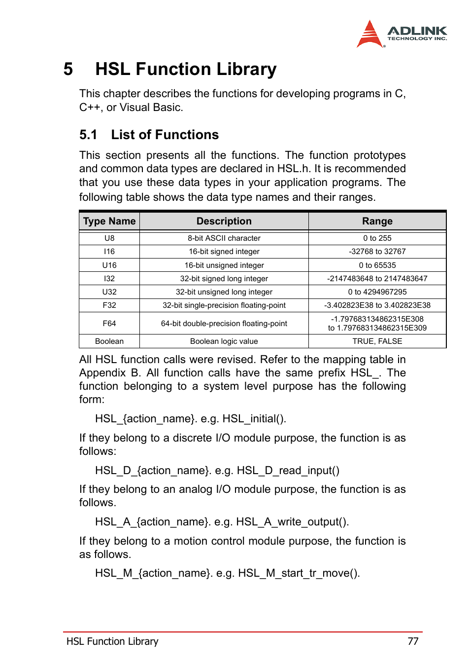 5 hsl function library, 1 list of functions, List of functions | 5hsl function library | ADLINK HSL-DI32-M-N/HSL-DI32-M-P User Manual | Page 90 / 137