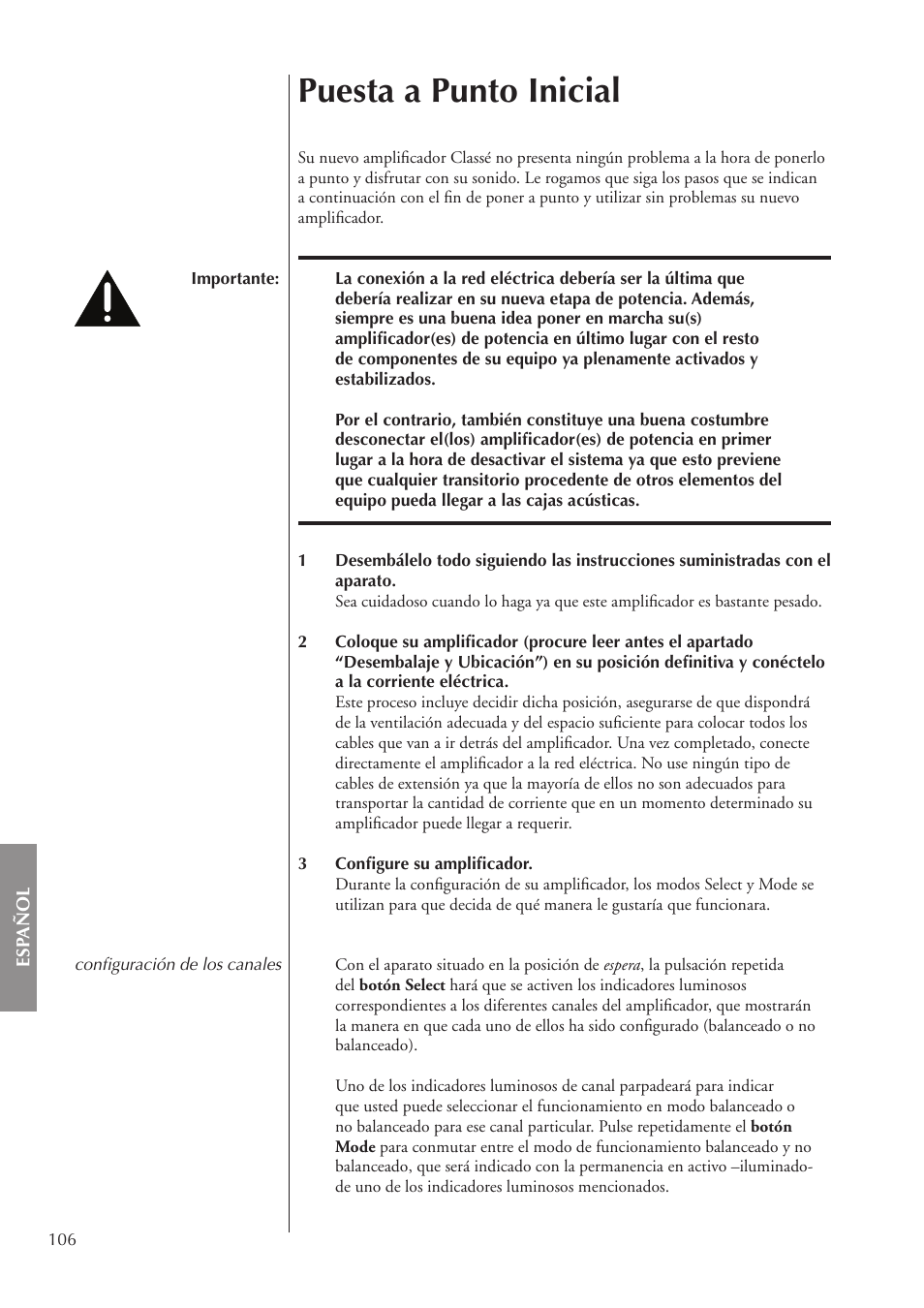 Puesta a punto inicial | Classe Audio CA-3200 User Manual | Page 106 / 136