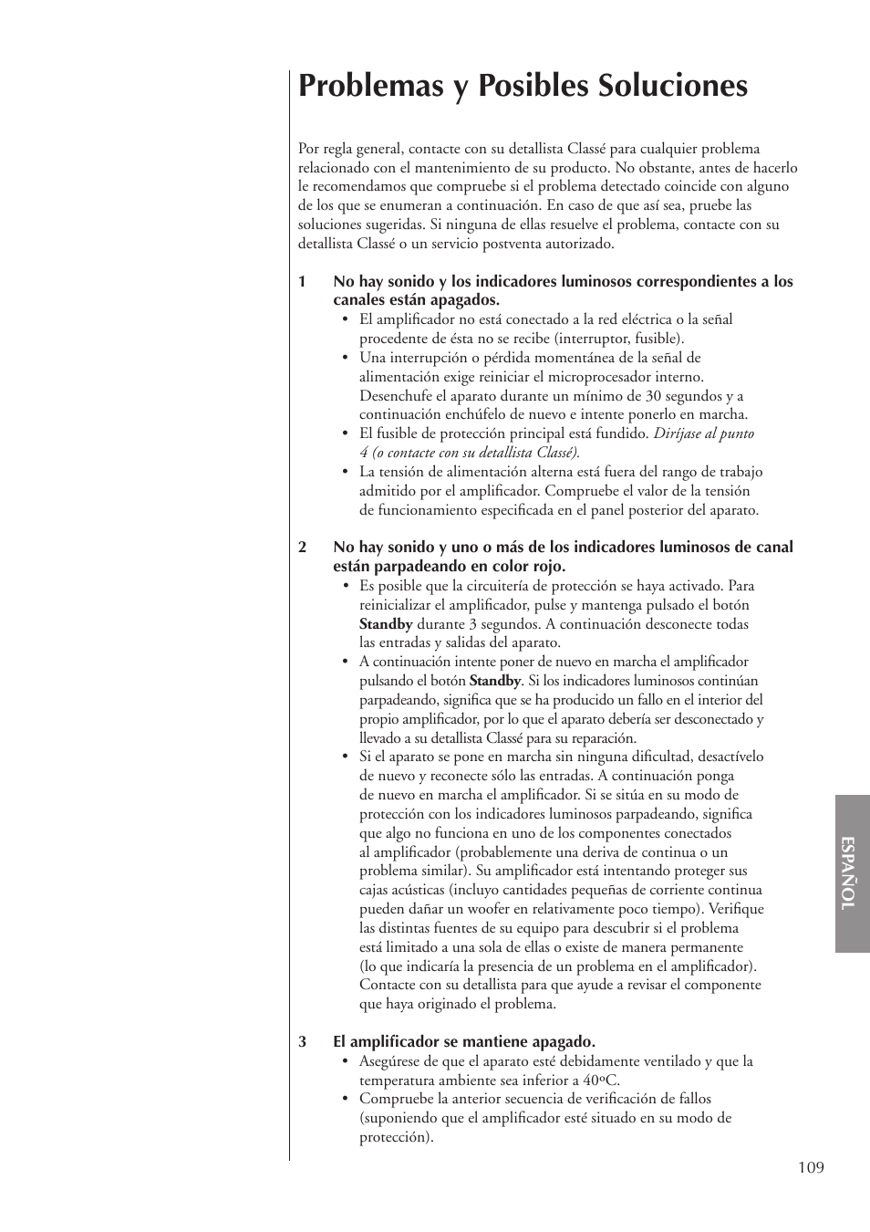 Problemas y posibles soluciones | Classe Audio CA-3200 User Manual | Page 109 / 136