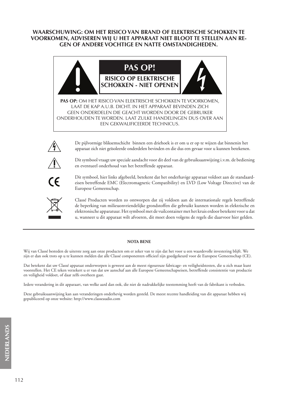 Pas op, Risico op elektrische schokken - niet openen | Classe Audio CA-3200 User Manual | Page 112 / 136