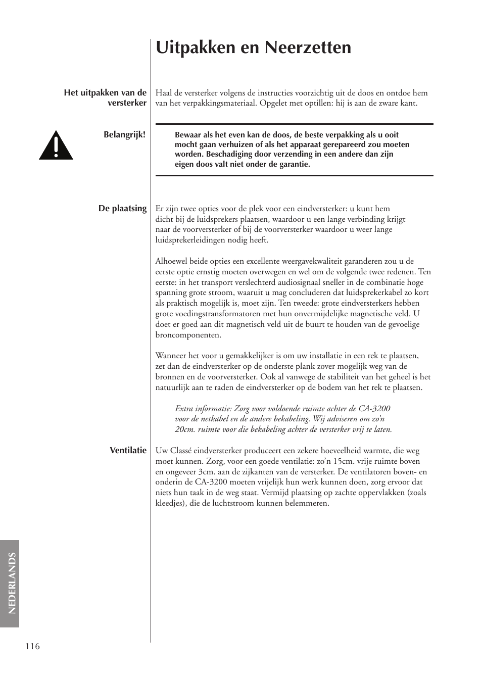 Uitpakken en neerzetten | Classe Audio CA-3200 User Manual | Page 116 / 136
