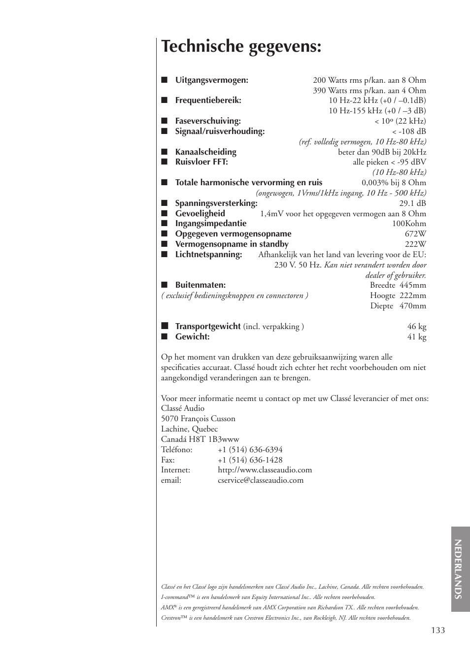 Technische gegevens | Classe Audio CA-3200 User Manual | Page 133 / 136