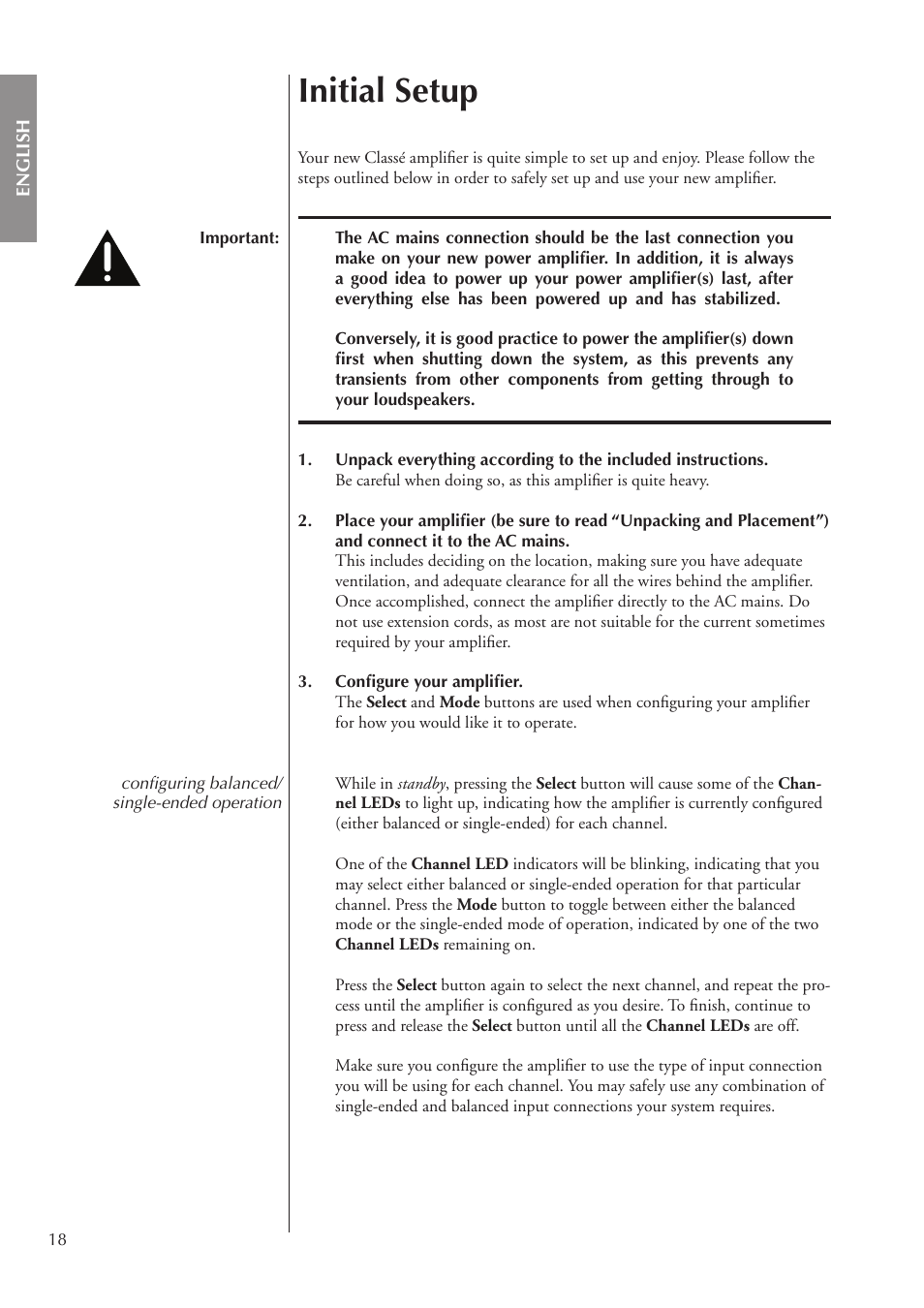 Initial setup | Classe Audio CA-3200 User Manual | Page 18 / 136