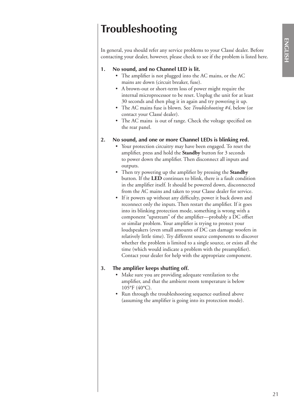 Troubleshooting | Classe Audio CA-3200 User Manual | Page 21 / 136