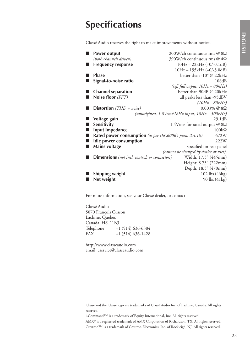 Speciﬁcations | Classe Audio CA-3200 User Manual | Page 23 / 136