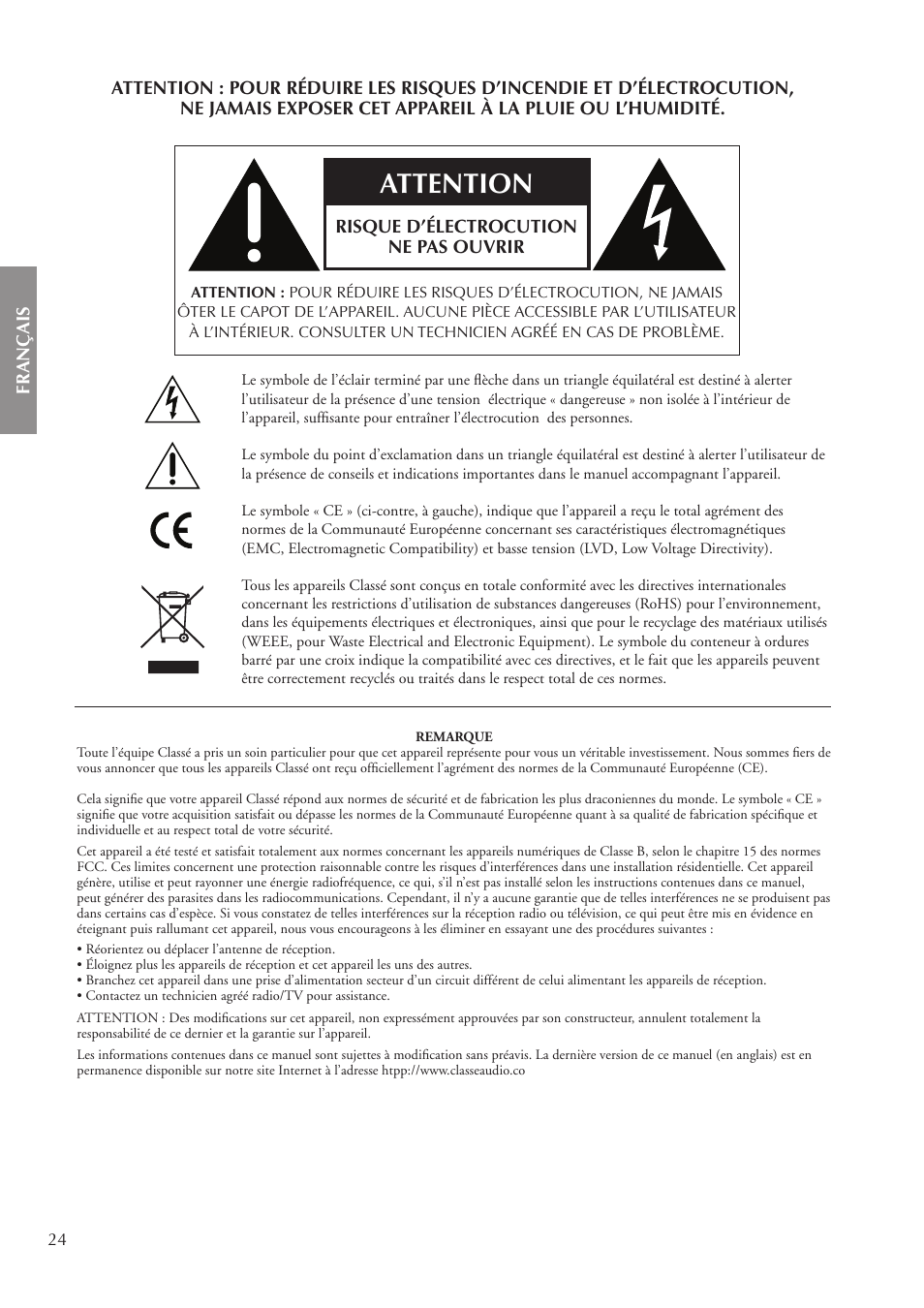 Attention | Classe Audio CA-3200 User Manual | Page 24 / 136