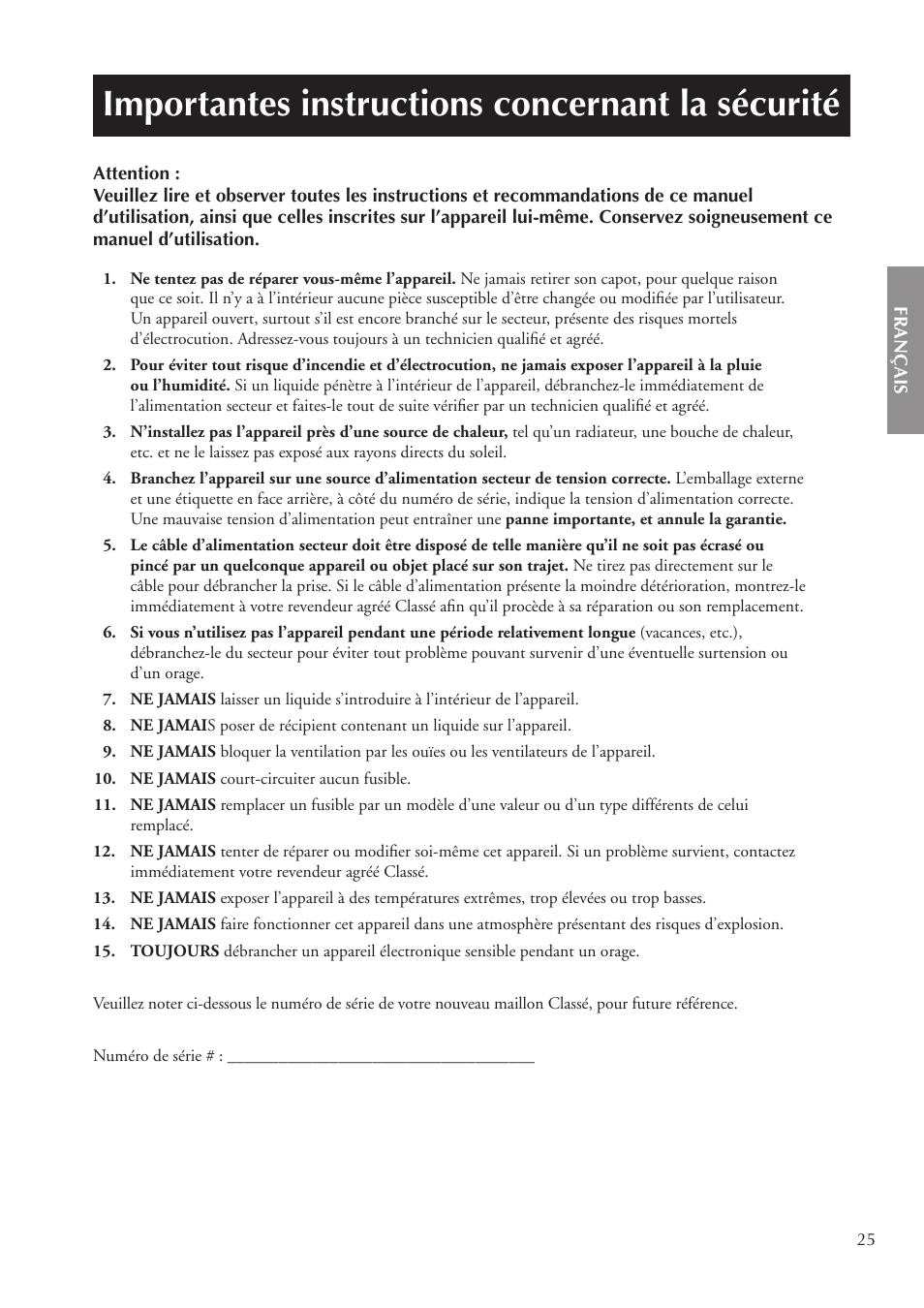 Importantes instructions concernant la sécurité | Classe Audio CA-3200 User Manual | Page 25 / 136