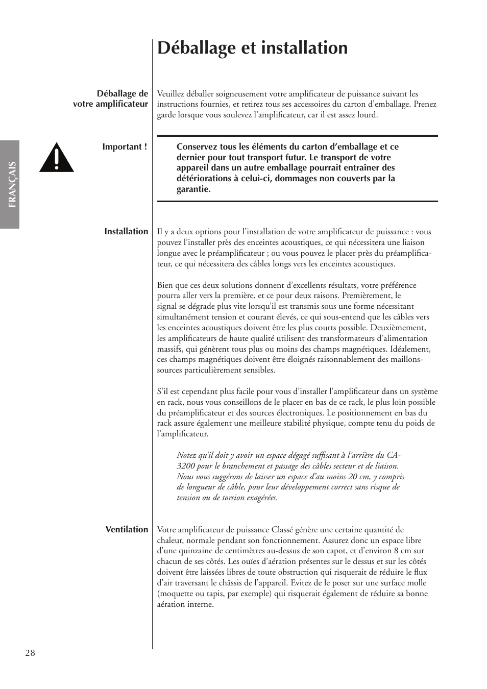 Déballage et installation | Classe Audio CA-3200 User Manual | Page 28 / 136
