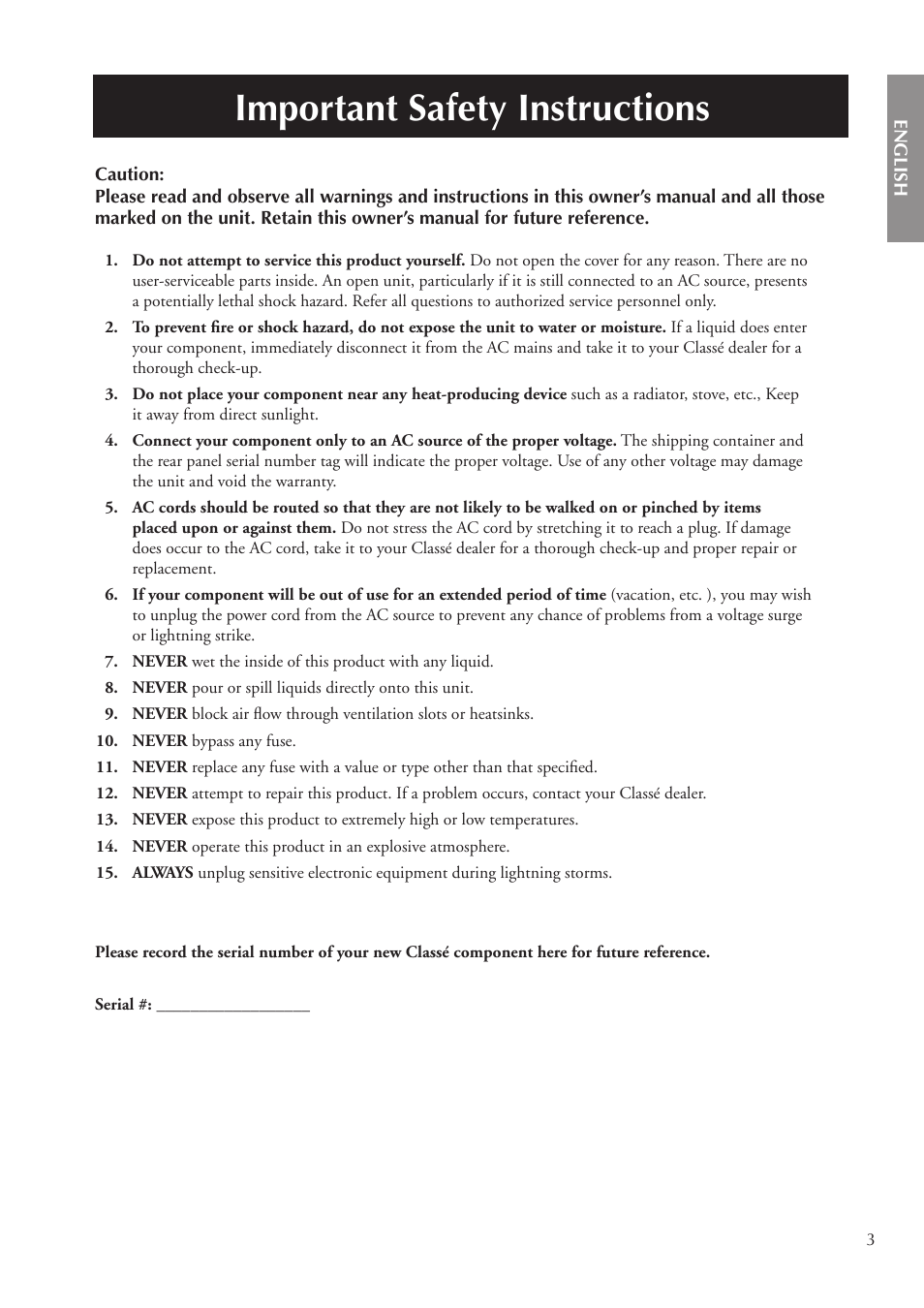 Important safety instructions | Classe Audio CA-3200 User Manual | Page 3 / 136