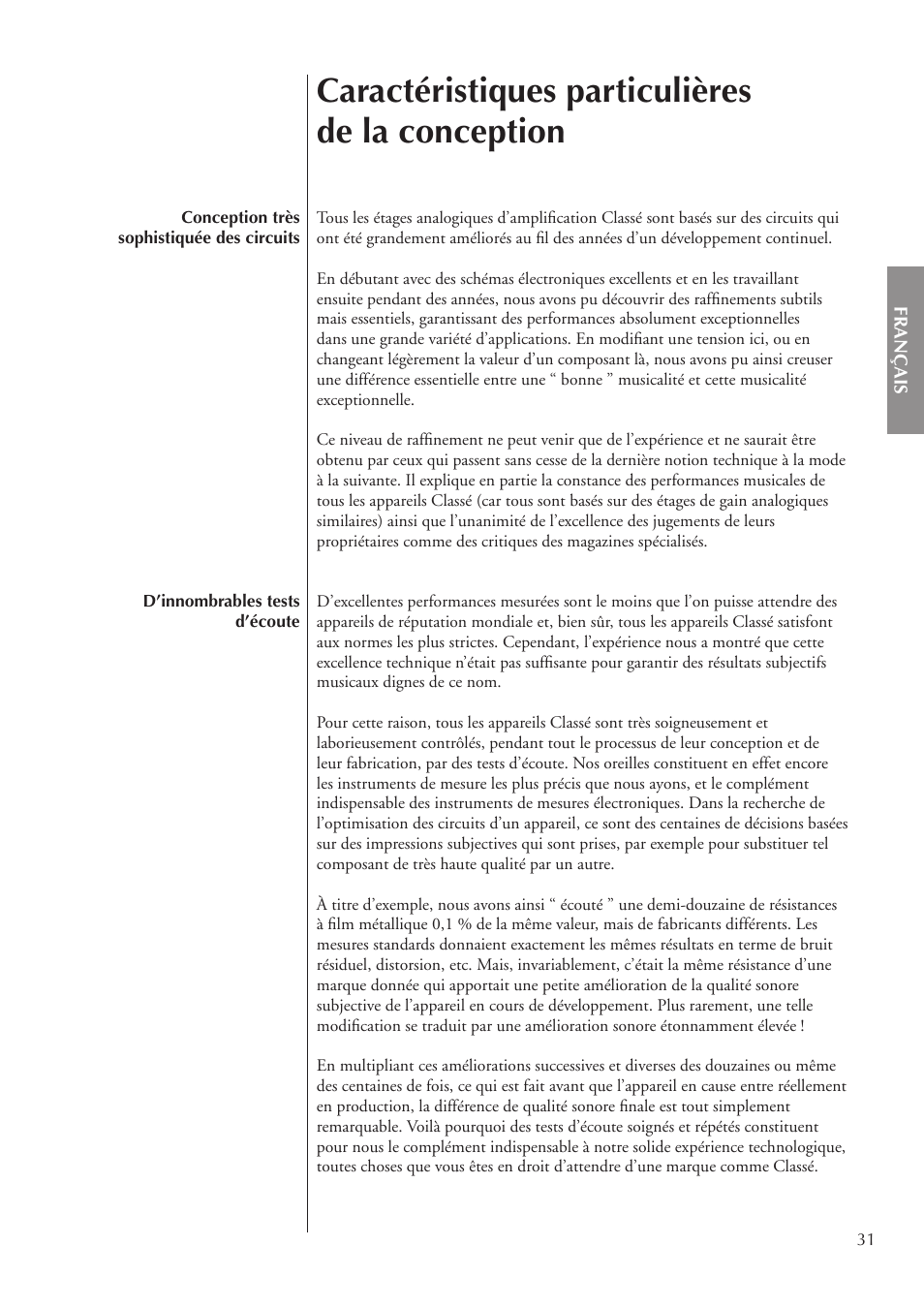 Caractéristiques particulières de la conception | Classe Audio CA-3200 User Manual | Page 31 / 136
