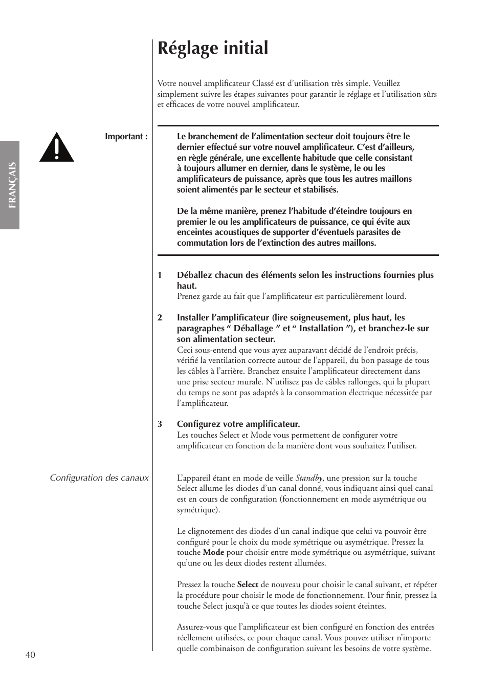 Réglage initial | Classe Audio CA-3200 User Manual | Page 40 / 136