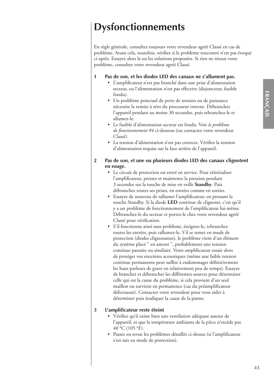 Dysfonctionnements | Classe Audio CA-3200 User Manual | Page 43 / 136