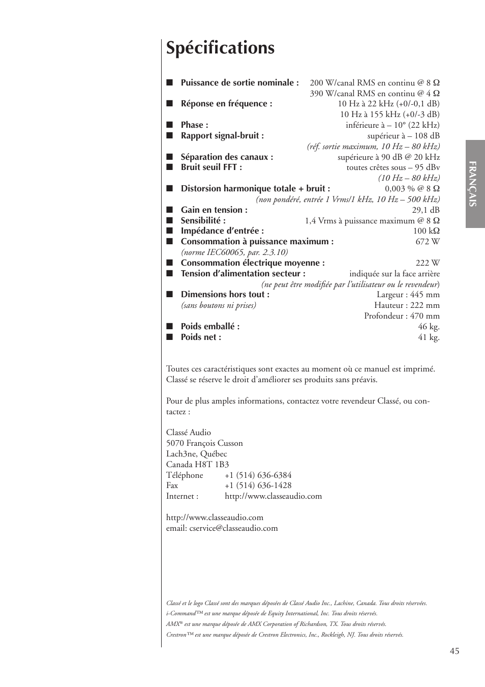 Spéciﬁcations | Classe Audio CA-3200 User Manual | Page 45 / 136
