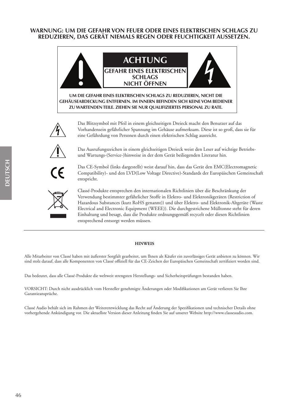 Achtung | Classe Audio CA-3200 User Manual | Page 46 / 136