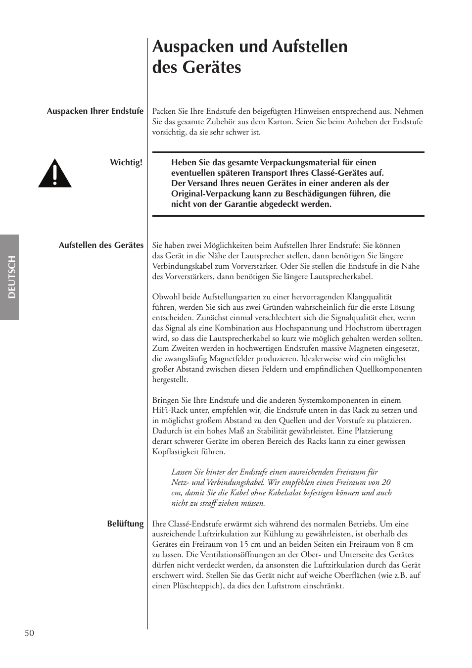 Auspacken und aufstellen des gerätes | Classe Audio CA-3200 User Manual | Page 50 / 136