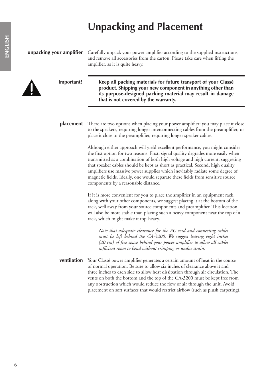 Unpacking and placement | Classe Audio CA-3200 User Manual | Page 6 / 136