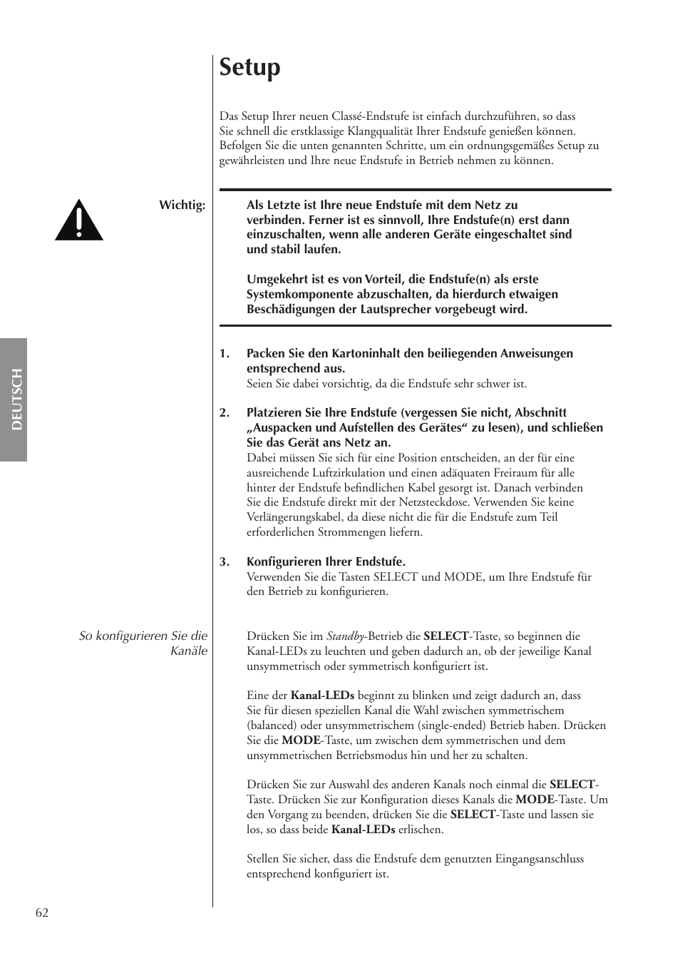 Setup | Classe Audio CA-3200 User Manual | Page 62 / 136