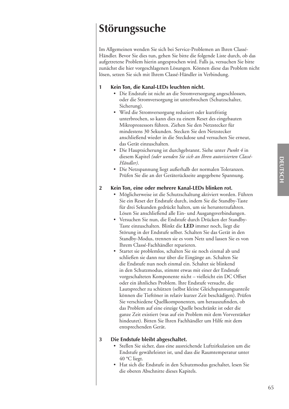 Störungssuche | Classe Audio CA-3200 User Manual | Page 65 / 136