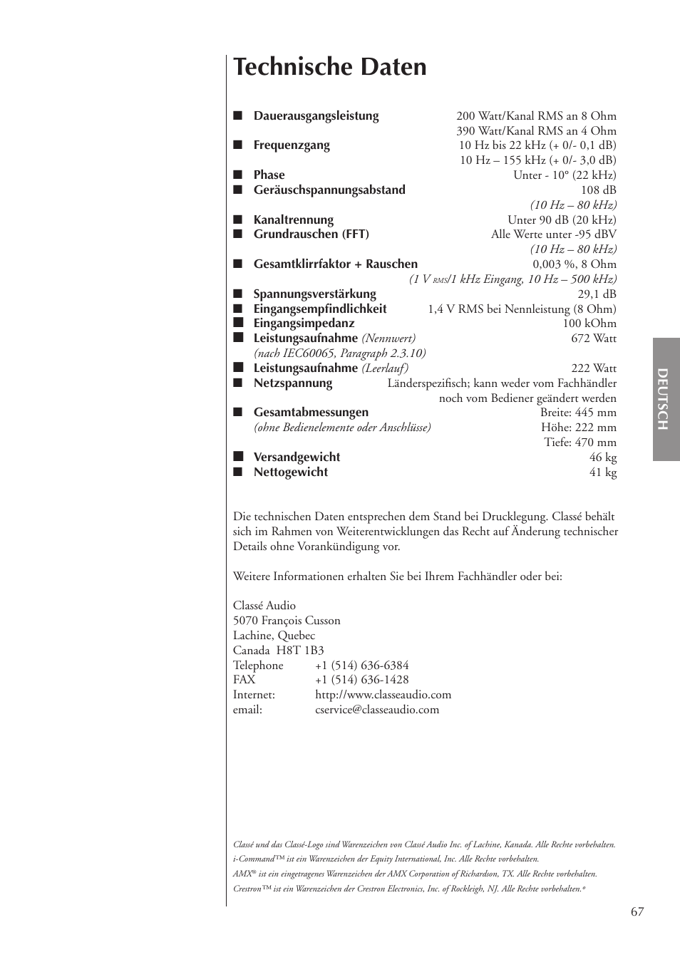 Technische daten | Classe Audio CA-3200 User Manual | Page 67 / 136