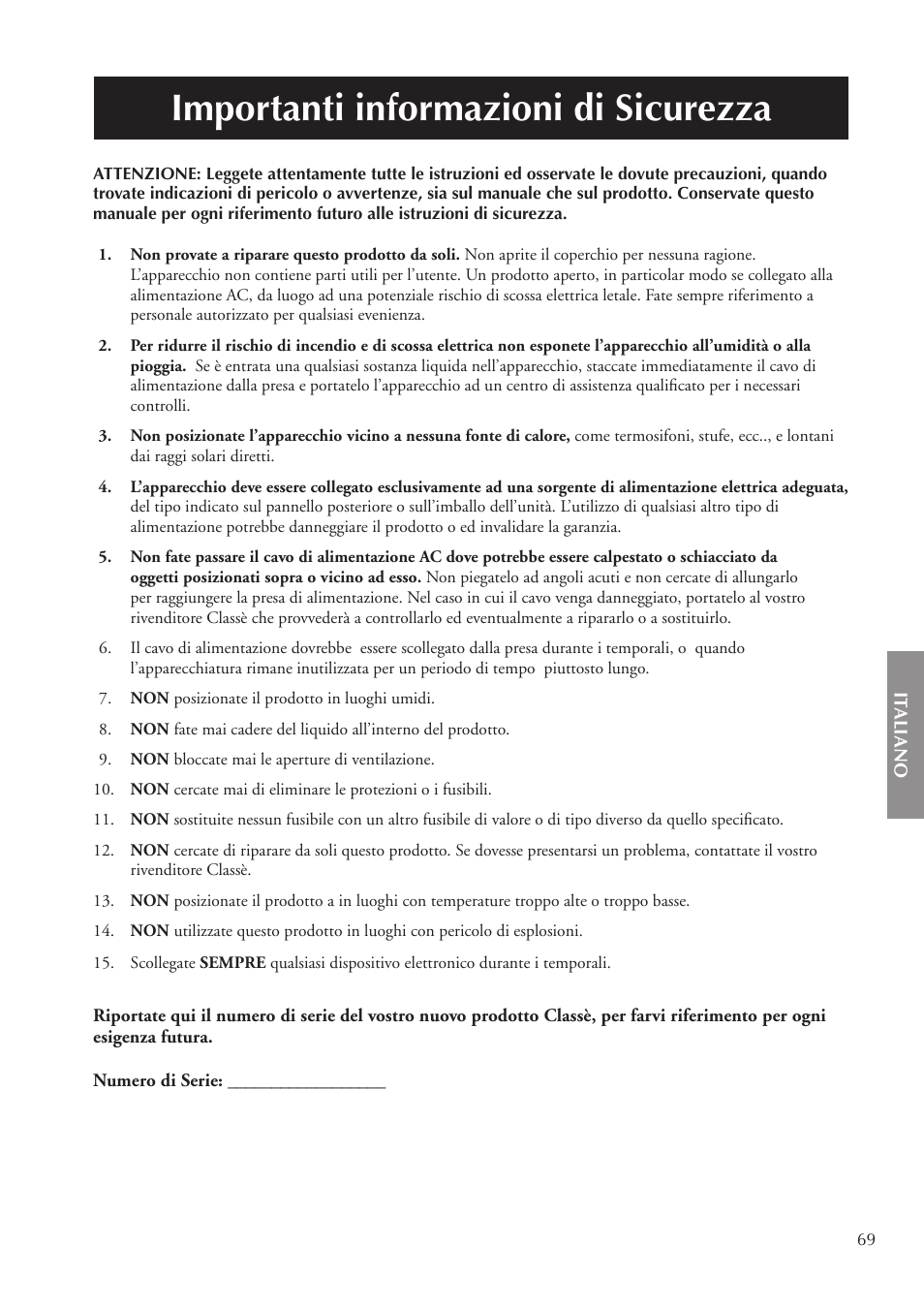 Importanti informazioni di sicurezza | Classe Audio CA-3200 User Manual | Page 69 / 136