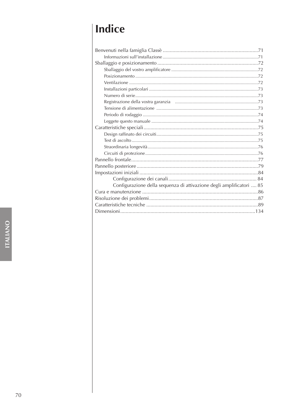 Indice | Classe Audio CA-3200 User Manual | Page 70 / 136
