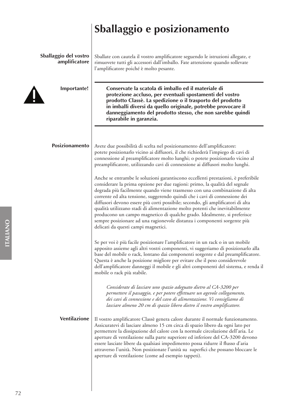Sballaggio e posizionamento | Classe Audio CA-3200 User Manual | Page 72 / 136