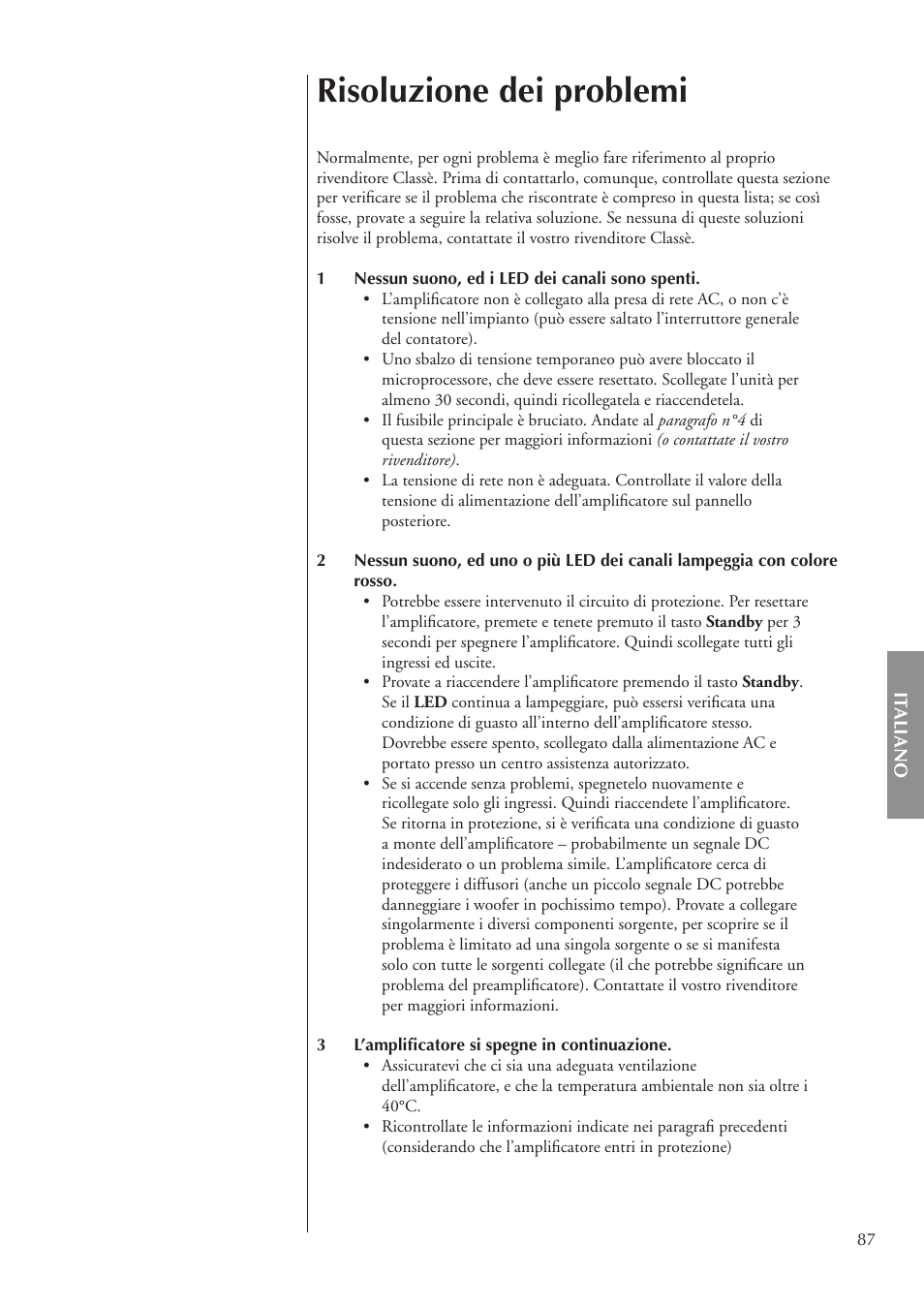 Risoluzione dei problemi | Classe Audio CA-3200 User Manual | Page 87 / 136