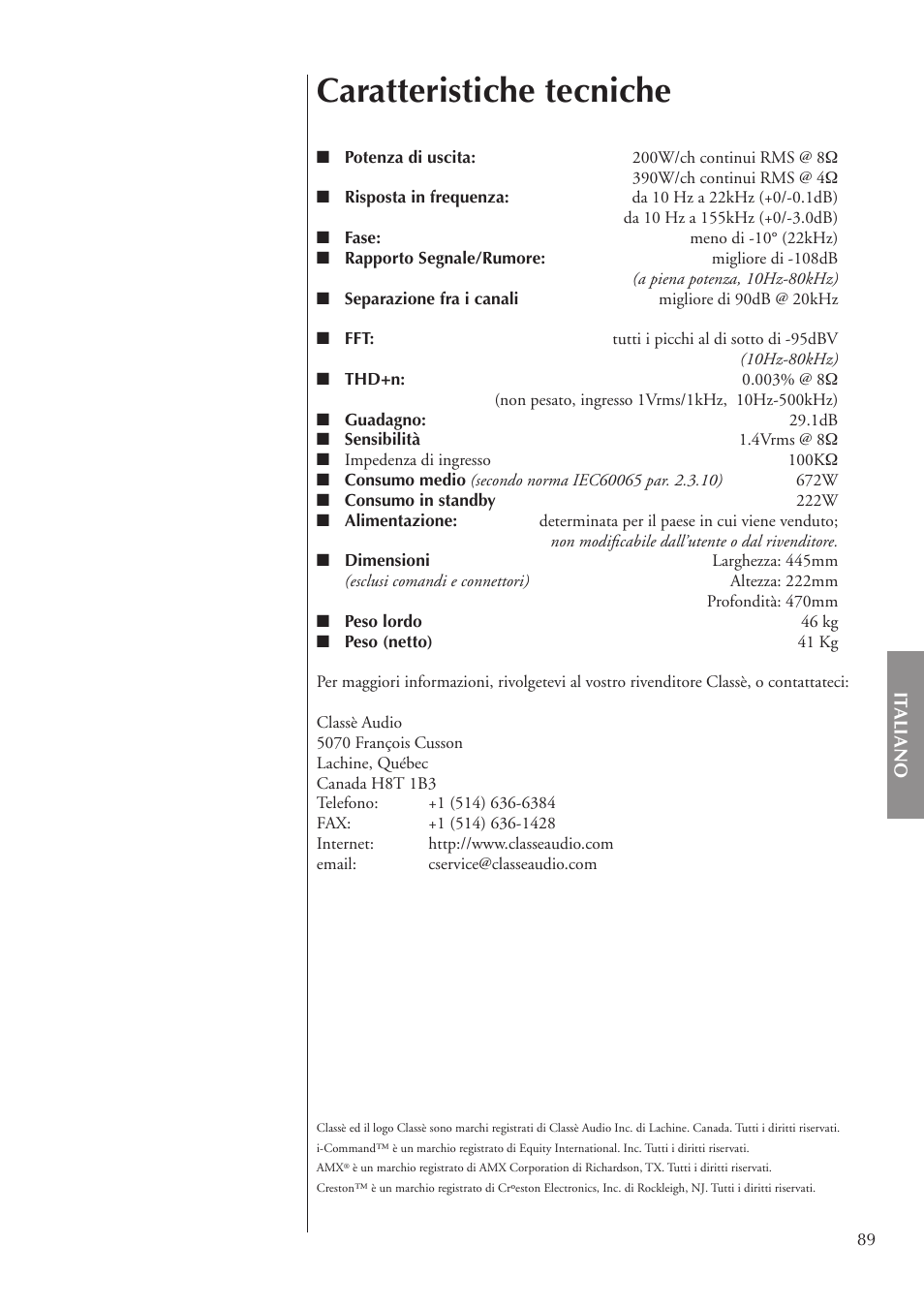 Caratteristiche tecniche | Classe Audio CA-3200 User Manual | Page 89 / 136