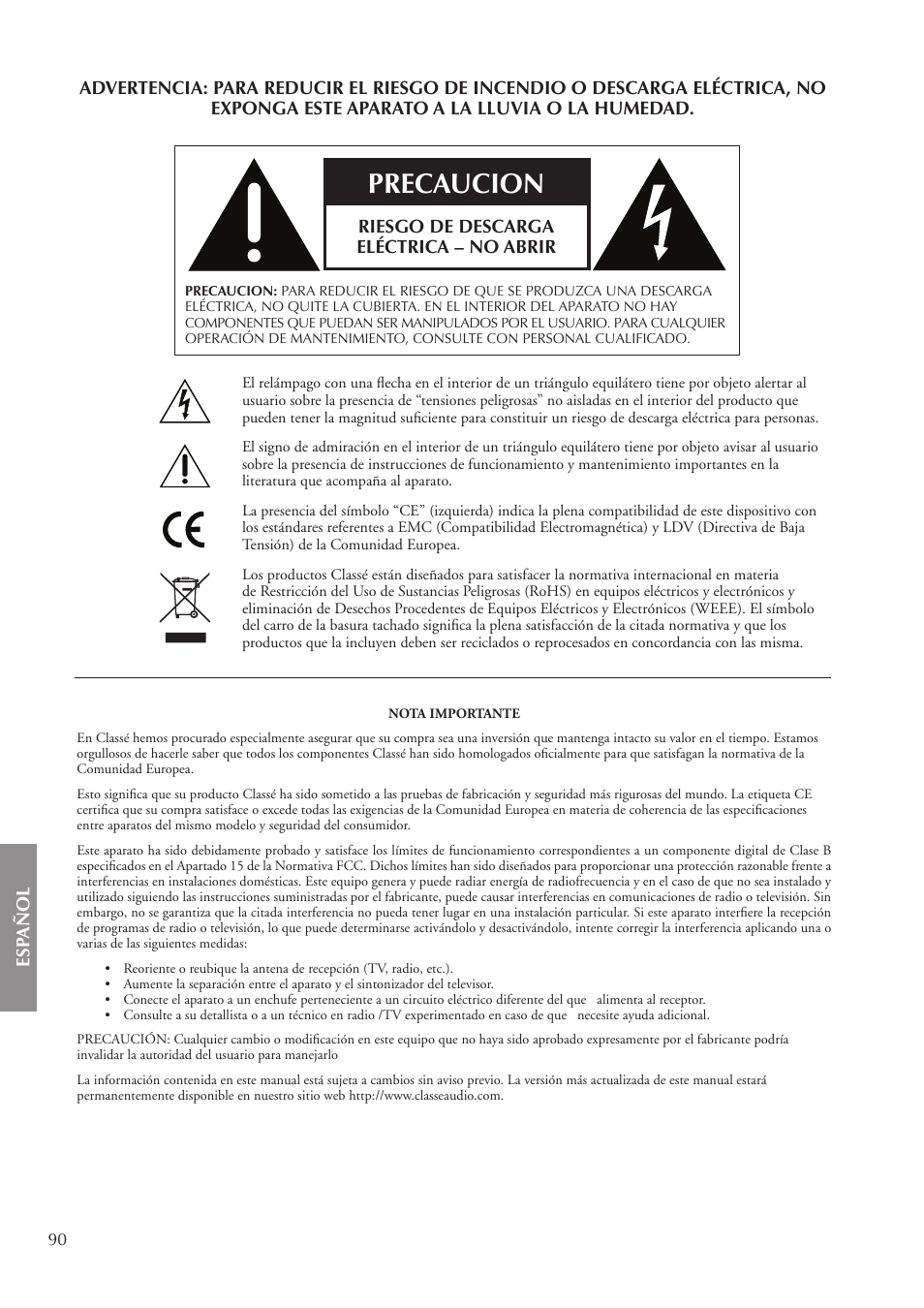 Precaucion, Esp añol, Riesgo de descarga eléctrica – no abrir | Classe Audio CA-3200 User Manual | Page 90 / 136