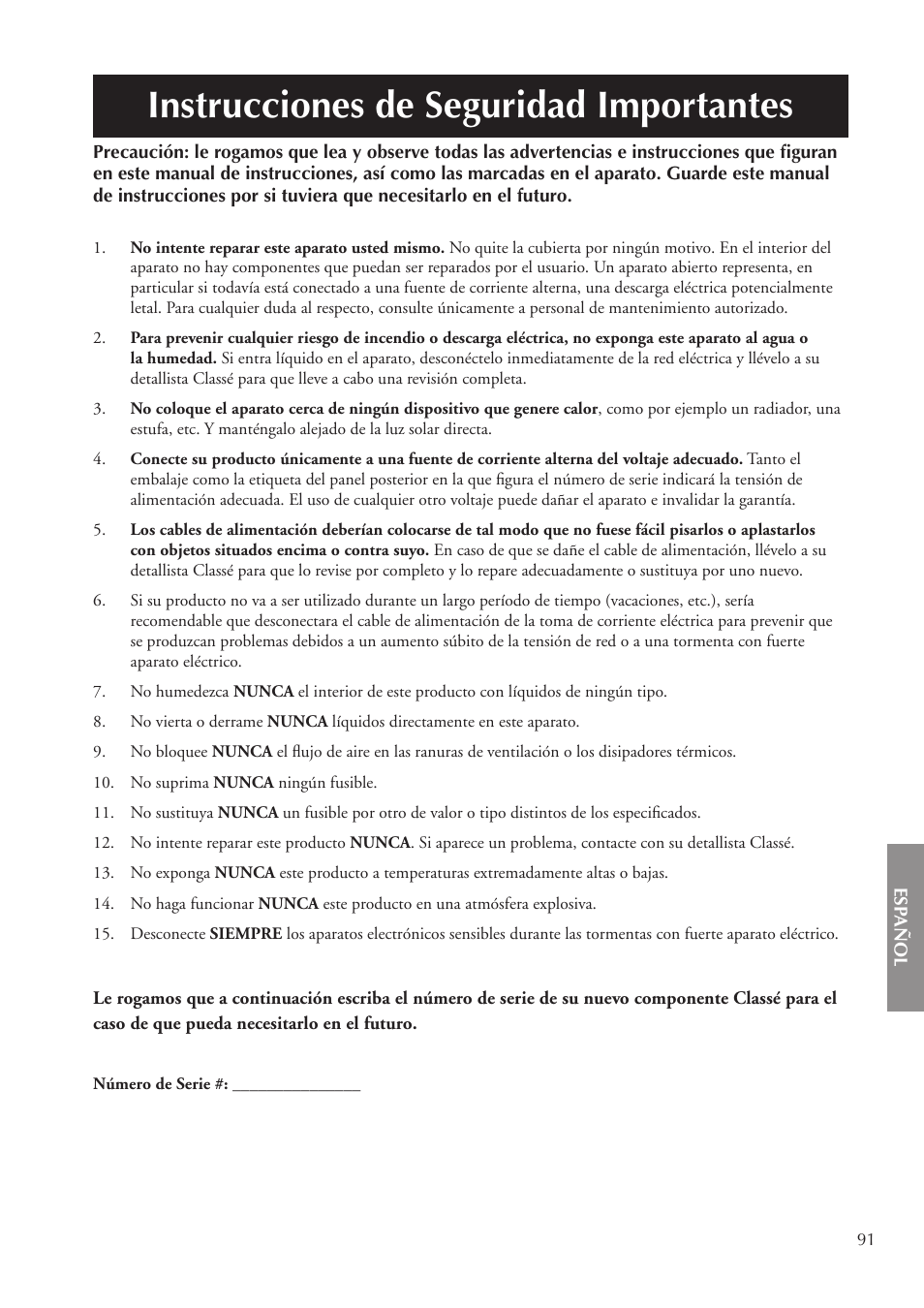 Instrucciones de seguridad importantes | Classe Audio CA-3200 User Manual | Page 91 / 136