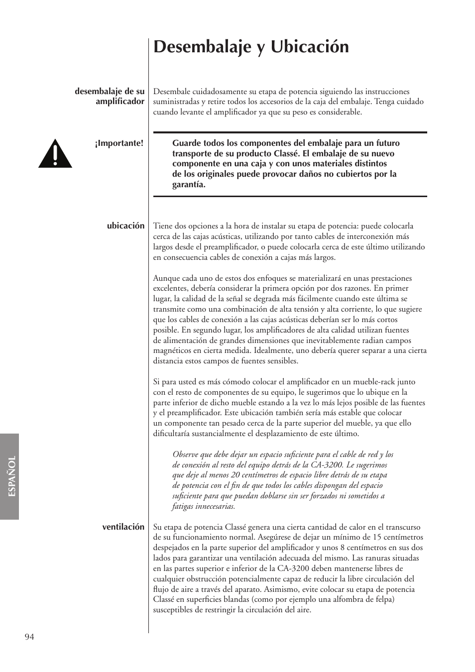 Desembalaje y ubicación | Classe Audio CA-3200 User Manual | Page 94 / 136